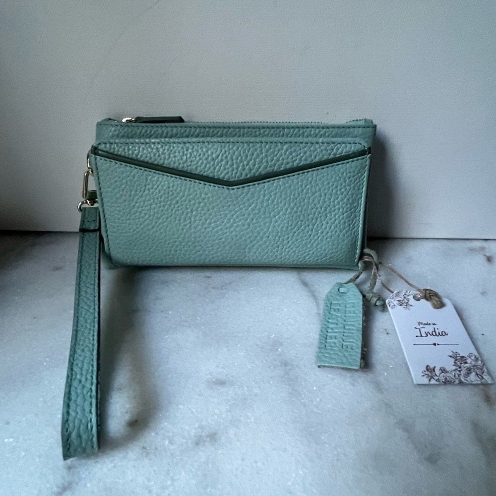 NEW Soft genuine Leather Wallet Wristlet Soft Light Green Made in India.. - Picture 2 of 16